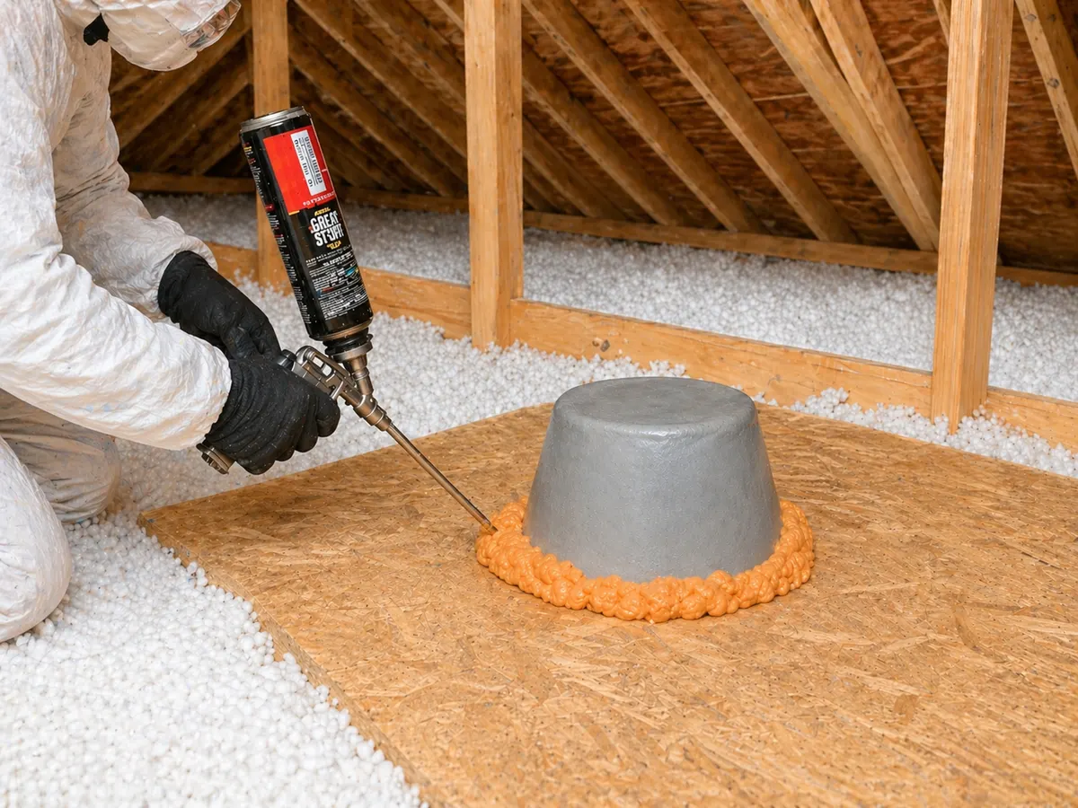 Attic air sealing work around a pipe penetration