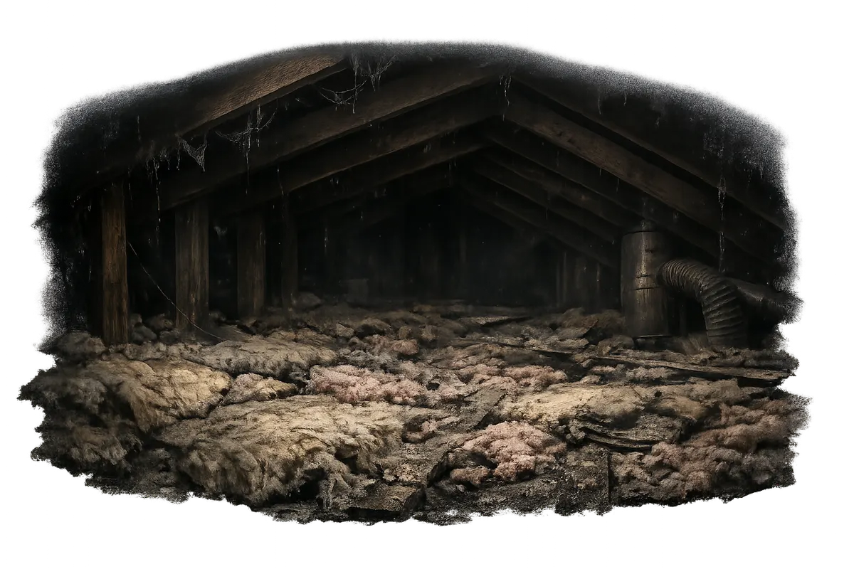 Gross attic with old dirty insulation