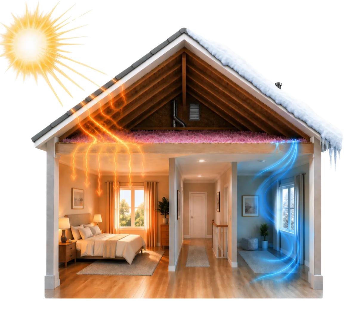 House cutaway showing uneven hot and cold attic temperature issues
