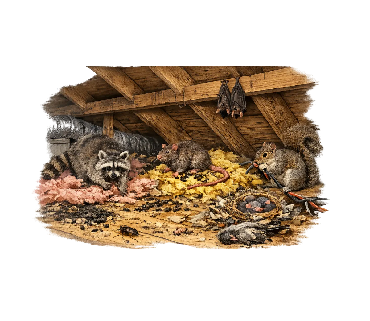 Pest activity and contamination inside a damaged attic